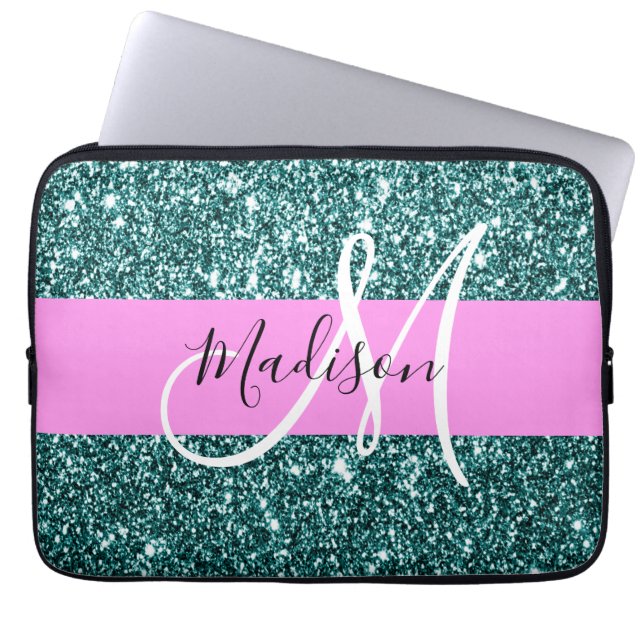 Housse Pour Ordinateur Portable Glam Pink Turquoise Parties scintillant verte Nom  (Devant)