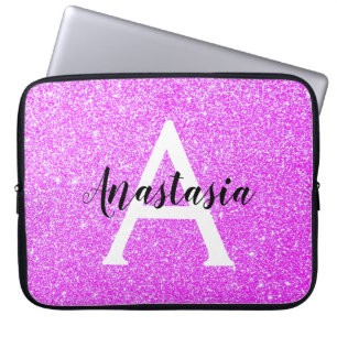 Housse Pour Ordinateur Portable Glamour Féminin Violet Paillettes Monogramme Nom
