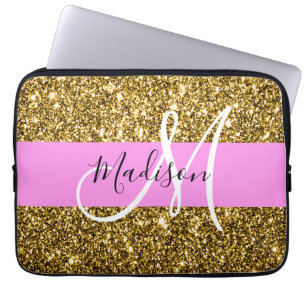 Housse Pour Ordinateur Portable Glamour Rose et Or Paillettes Monogramme Nom