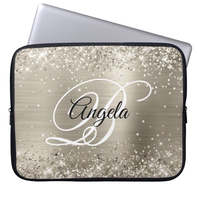 Housse Pour Ordinateur Portable Glitterie Platine Brossé Huile Monogramme (Devant)