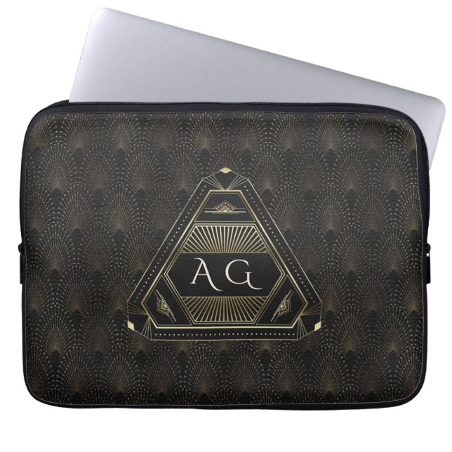 Housse Pour Ordinateur Portable Gold Black Great Gatsby Art Déco 20s Monogramme (Devant)
