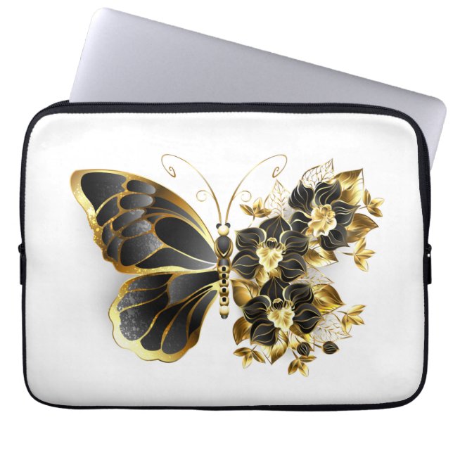 Housse Pour Ordinateur Portable Gold flower Butterfly with Black Orchid (Devant)