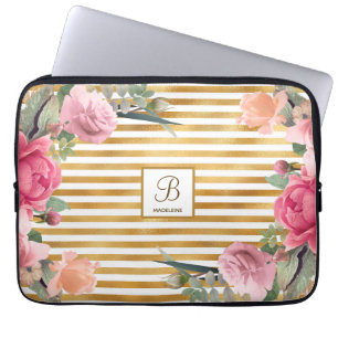 Housse Pour Ordinateur Portable Gold Foil Stripes Gorgeous Flower Monogram Girl