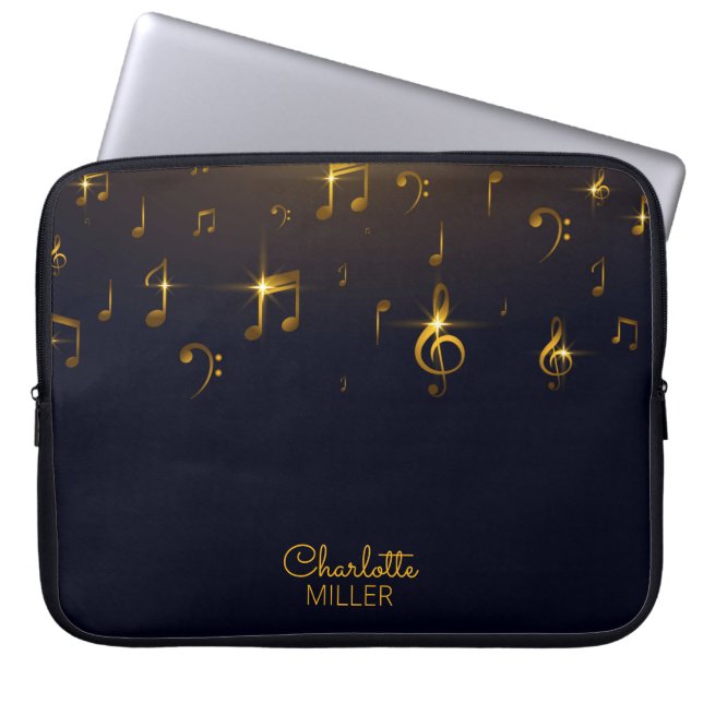 Housse Pour Ordinateur Portable Gold Music Notes et Nom personnalisé (Devant)