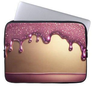 Housse Pour Ordinateur Portable Goutte de paillettes roses sur fond métallisé or