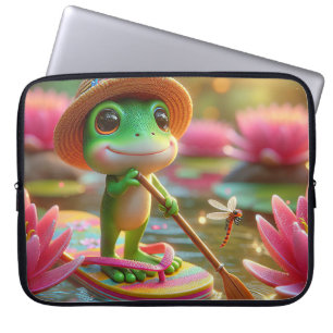 Housse Pour Ordinateur Portable Grenouille sur un tonneau dans un étang
