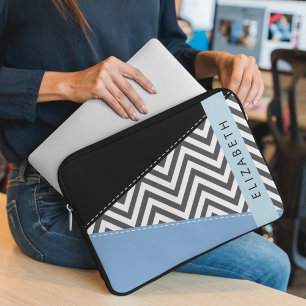Housse Pour Ordinateur Portable Grey Zigzag, Grey Chevron, Bleu, Votre Nom