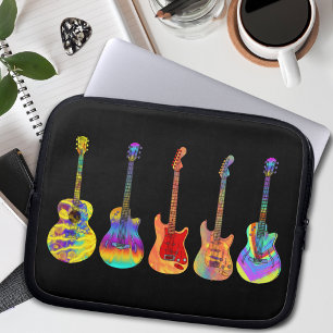 Housse Pour Ordinateur Portable Guitares Colorées sur Fond Noir