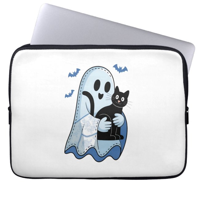 Housse Pour Ordinateur Portable Halloween bleu Denim Ghost et chat (Devant)