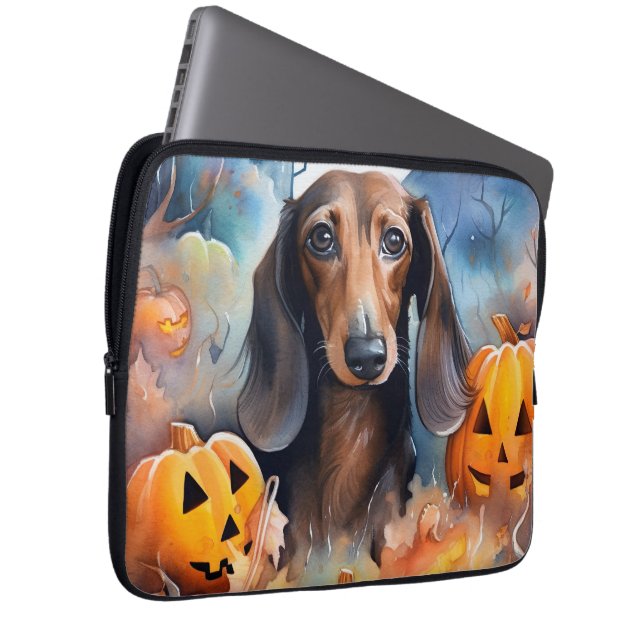 Housse Pour Ordinateur Portable Halloween Dachshund Avec La Peur Citrouille (Devant droit)