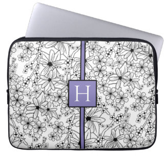 Housse Pour Ordinateur Portable Hand Drawn White Floral Pattern Purple Monogram