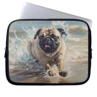 Housse Pour Ordinateur Portable Happy Pug à la Plage