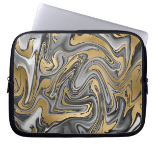 Housse Pour Ordinateur Portable Huile Noire, Blanc Et Or Marbré