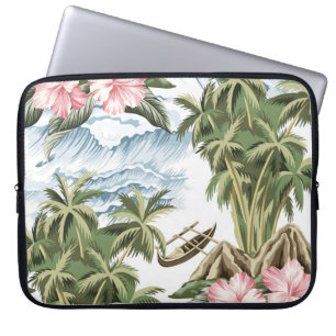 Housse Pour Ordinateur Portable Ile vintage hawaïenne, palmier, bateau, rose