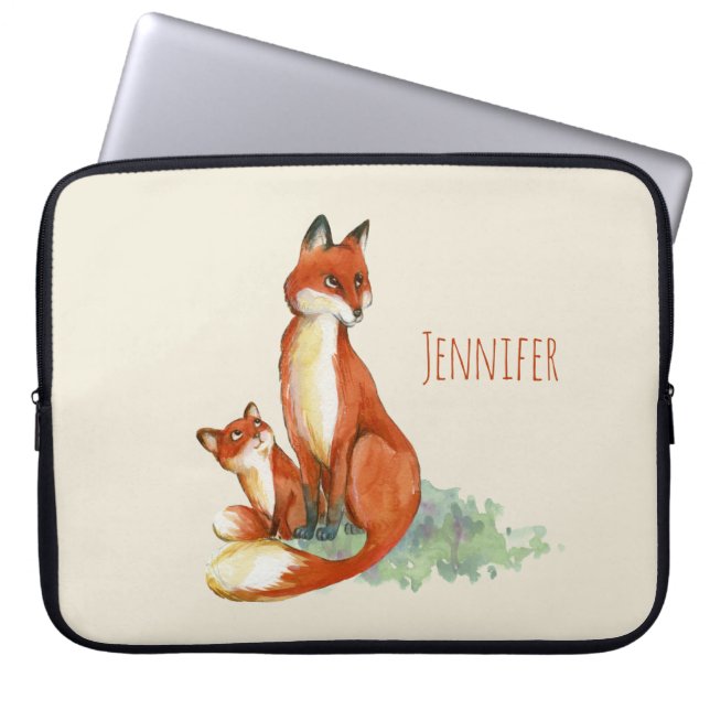Housse Pour Ordinateur Portable Illustration de l'aquarelle Momma Fox et Baby (Devant)