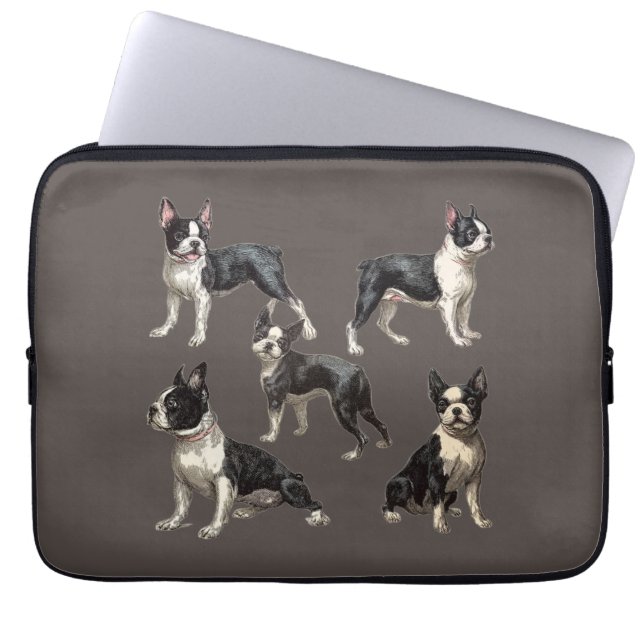 Housse Pour Ordinateur Portable Illustrations Vintage de Boston Terriers sur Taupe (Devant)