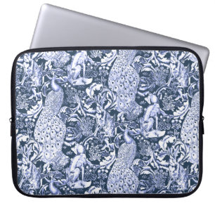 Housse Pour Ordinateur Portable Impression de paon Art nouveau, marine et blanc