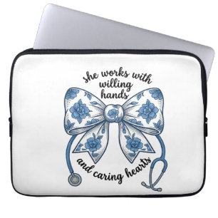 Housse Pour Ordinateur Portable Infirmière Stéthoscope à nœud floral Gravure vinta