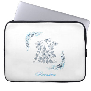 Housse Pour Ordinateur Portable Initiale "A" Monogramme bleu Calme Floral