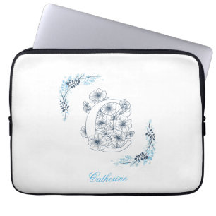 Housse Pour Ordinateur Portable Initiale "C" Monogramme bleu Calme Floral