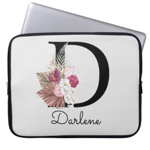 Housse Pour Ordinateur Portable Initiale D Monogrammée Moderne Florale Bohème Rose
