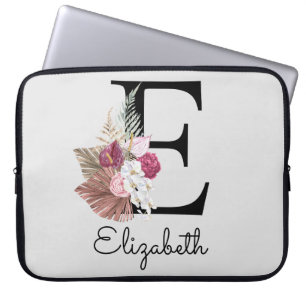 Housse Pour Ordinateur Portable Initiale E Moderne Boho rose Fille Floral