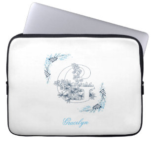 Housse Pour Ordinateur Portable Initiale "G" Monogramme bleu Calme Floral