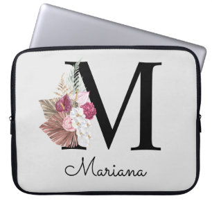 Housse Pour Ordinateur Portable Initiale M brodée Monogramme Rose Bohème Floral