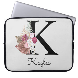 Housse Pour Ordinateur Portable Initiale monogramme K Rose Boho Floral