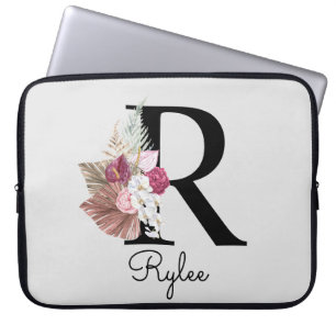 Housse Pour Ordinateur Portable Initiale R Brodé Rose Bohème Féminin Floral