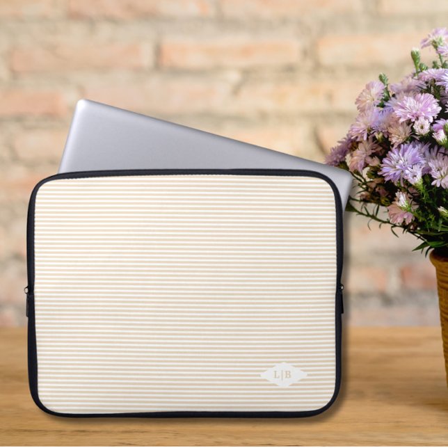 Housse Pour Ordinateur Portable Initiales en rayures beiges (Créateur téléchargé)