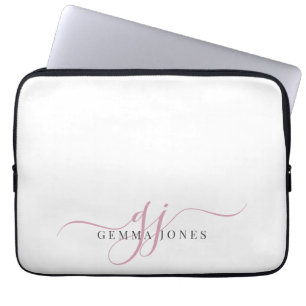 Housse Pour Ordinateur Portable Initiales Monogrammes de script rose minimaliste