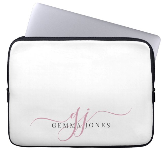 Housse Pour Ordinateur Portable Initiales Monogrammes de script rose minimaliste (Devant)