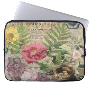 Housse Pour Ordinateur Portable Jardin Floral de Nid d'Oiseau Art Papillon Fleur
