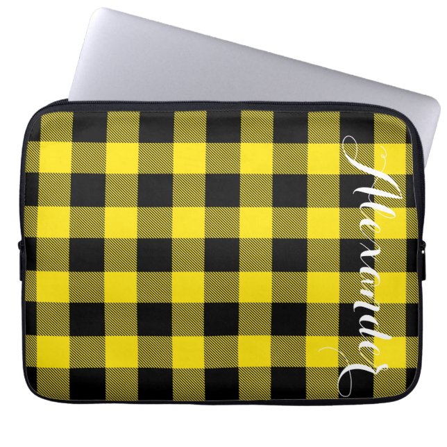 Housse Pour Ordinateur Portable Jaune Black Buffalo Check Nom de la couche Monogra (Devant)