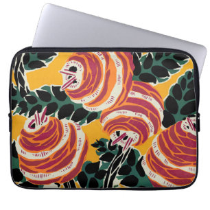 Housse Pour Ordinateur Portable Jaune Moutarde & Décor Floral Art Déco Orange