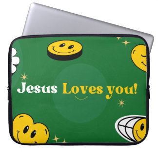 Housse Pour Ordinateur Portable "Jésus t'aime" Smiley Vert Pour Chrétiens