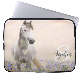 Housse Pour Ordinateur Portable Joli Cheval Blanc Violet Fleur Monogramme