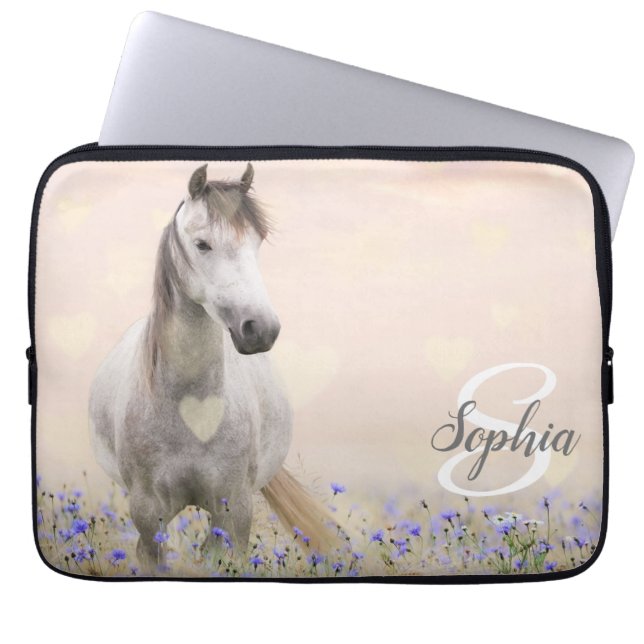 Housse Pour Ordinateur Portable Joli Cheval Blanc Violet Fleur Monogramme (Devant)