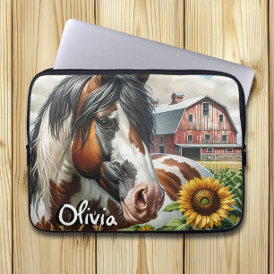 Housse Pour Ordinateur Portable Joli Cheval Pinto Brown et Blanc sur ferme rustiqu