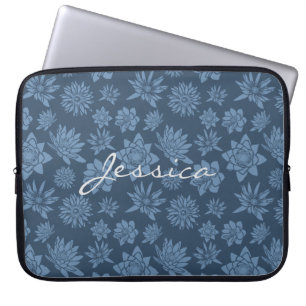 Housse Pour Ordinateur Portable Joli motif floral bleu foncé