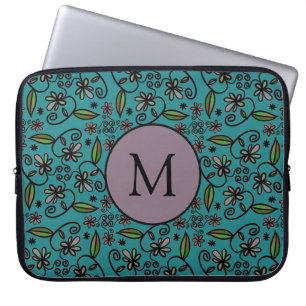 Housse Pour Ordinateur Portable Joli motif floral sarcelle monogramme