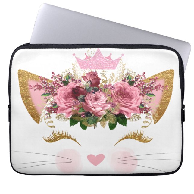 Housse Pour Ordinateur Portable Joli rose Kitty Floral Couronne rose (Devant)