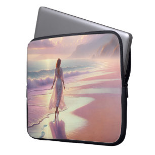 Housse Pour Ordinateur Portable Jolie Femme Laissant des empreintes sur une plage