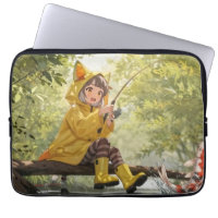 Jolie Fille Neko en Ciré Jaune Pêchant dans un Des