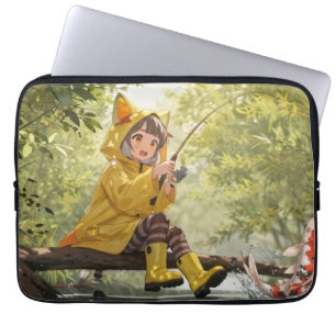 Housse Pour Ordinateur Portable Jolie Fille Neko en Ciré Jaune Pêchant dans un Des