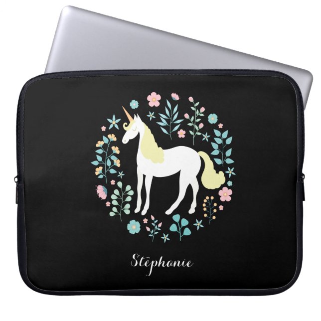 Housse Pour Ordinateur Portable Jolie licorne & Fleurs Noir Personnalisé (Devant)
