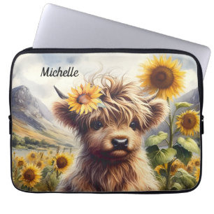Housse Pour Ordinateur Portable Jolie Vache Highland Et Fleurs De Soleil Avec Nom