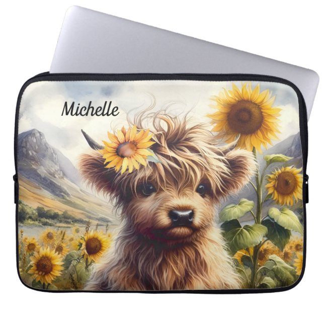 Housse Pour Ordinateur Portable Jolie Vache Highland Et Fleurs De Soleil Avec Nom (Devant)