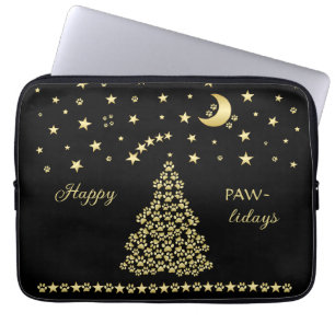 Housse Pour Ordinateur Portable Joyeux Pawlidays, Or brillant Paw sapin de Noël